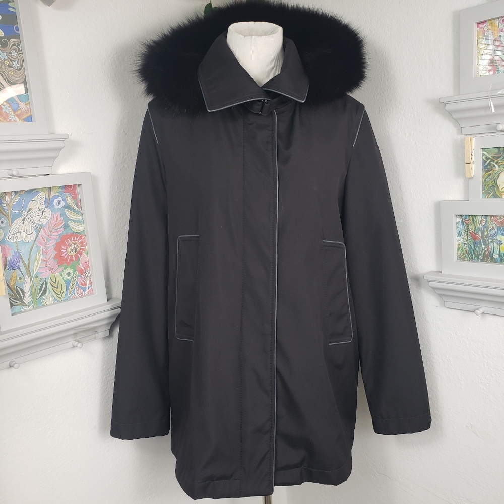 St. John Black Fox Hoodie w/ Cashmere Lining - Peacoat Nylon Raincoat Classic